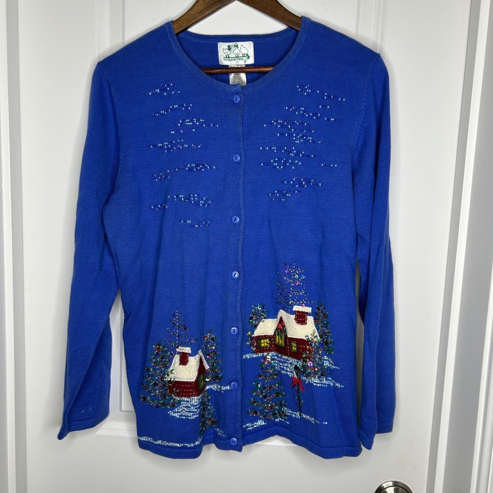 The Quacker Factory Royal Blue Button Cardigan Sweater Embellished Houses M